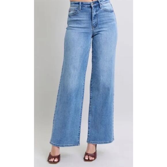 Judy Blue Wide Leg Stretch Jeans •11 /30• Med Wash Flare Relaxed 32” Inseam EXC - Picture 3 of 11